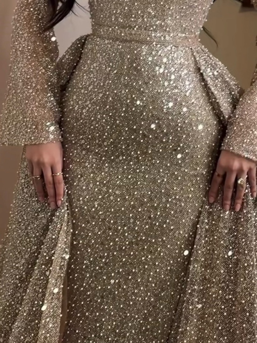 Embellished Gold Long-Sleeve Evening Gown